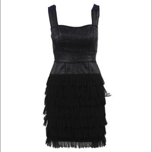 Zac Posen Blue Black Cotton Blend Fringed cocktail Black tie Dress 8 - Picture 1 of 7
